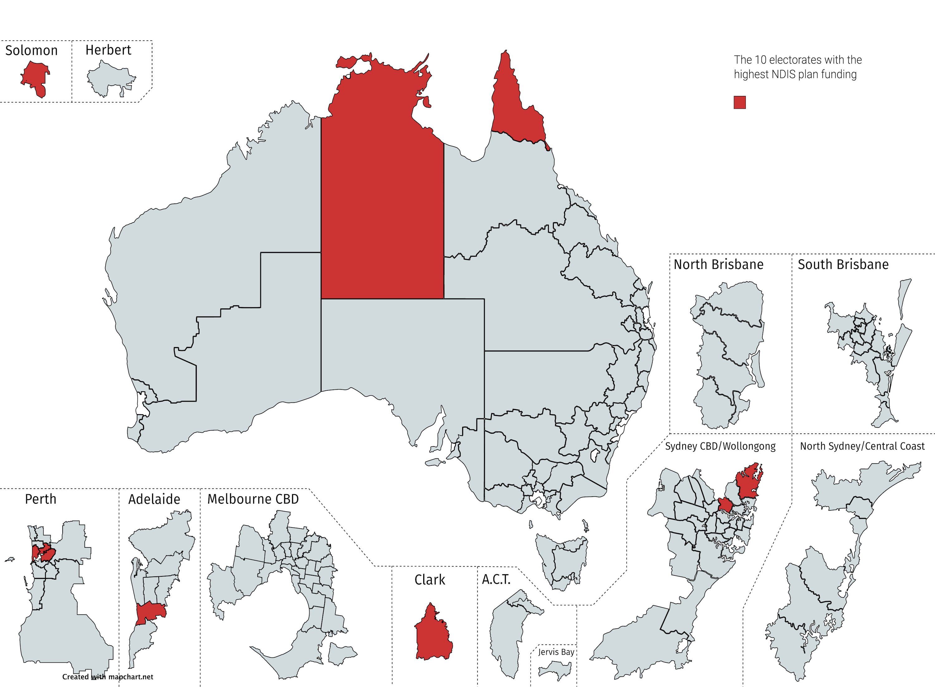 Map of Australian electorates. The 10 electorates listed below are shaded red. It includes far north Queensland, almost all of the NT, and some places near cities like Perth, Adelaide, Hobart and Sydney. The regional areas in the NT and QLD stand out the most. 