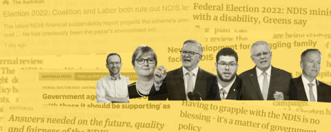 Collage of 6 politicians, 5 males and one female. Adam Bundt Greens, Linda Reynolds Liberal, Anthony Albanese Labor, Jordan Steele John Greens, Scott Morisson Liberal, Bill Shorten Labor. It is on a backdrop of a collage of newspaper articles on the NDIS, but they are covered in a yellow filter.
