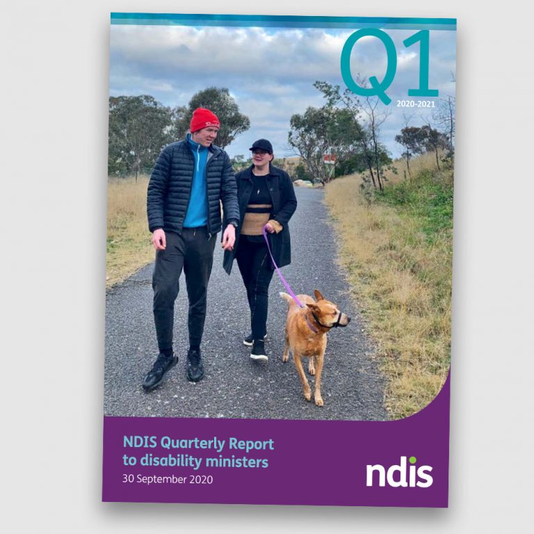 Cover of the September 2020 NDIS Quarterly Report. There's a phot of two people walking a dog on it.