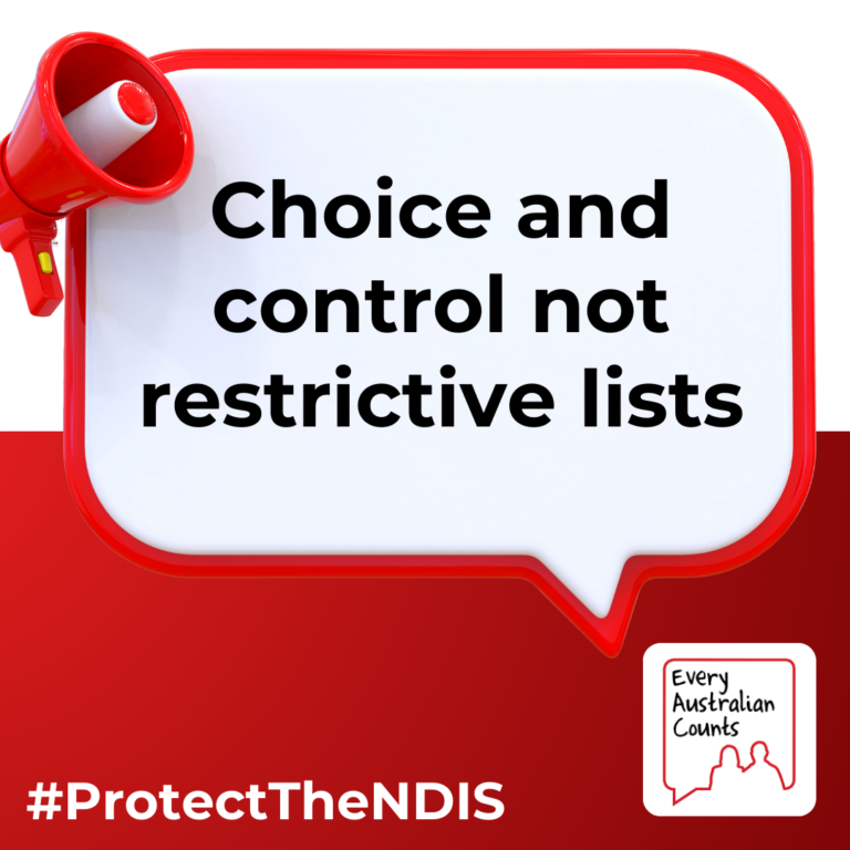 On a white and red background is a large white speech bubble outlined in red. In the speech bubble is black text reading 'Choice and control not restrictive lists'. In the top left corner is a red loudspeaker, and in the bottom right corner is the EAC logo. Across the bottom is white text reading #ProtectTheNDIS