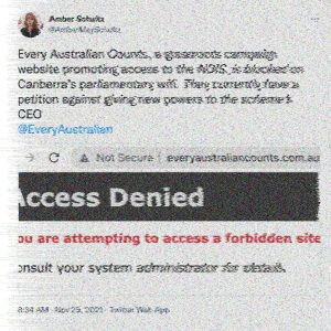 A distorted looking screenshot of a tweet from a journalist showing "access denied" instead of the Every Australian Counts website.