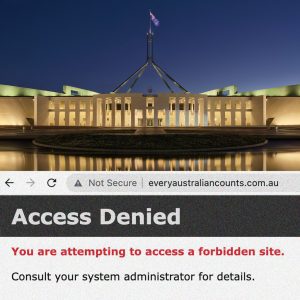 Photo of Parliament House at night. Below is a screenshot of a big "Access denied" note in a mobile browser instead of the Every Australian Counts website. You can see the url above.