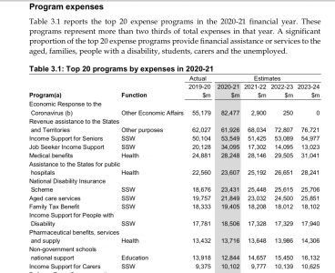 A table from the budget showing the NDIS is 7th in the list of DSS expenses in 2020-21