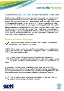 QDN Coronavirus (COVID-19) Essential Items Checklist cover