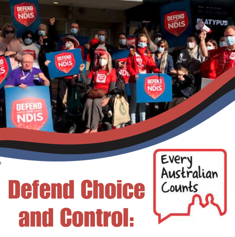 People with disabilities holding banners saying "Defend the NDIS"