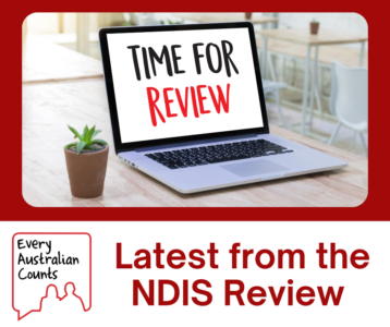 Latest from the NDIS Review social media tile. There is a laptop on a table next to a potplant. The screen reads Time For Review