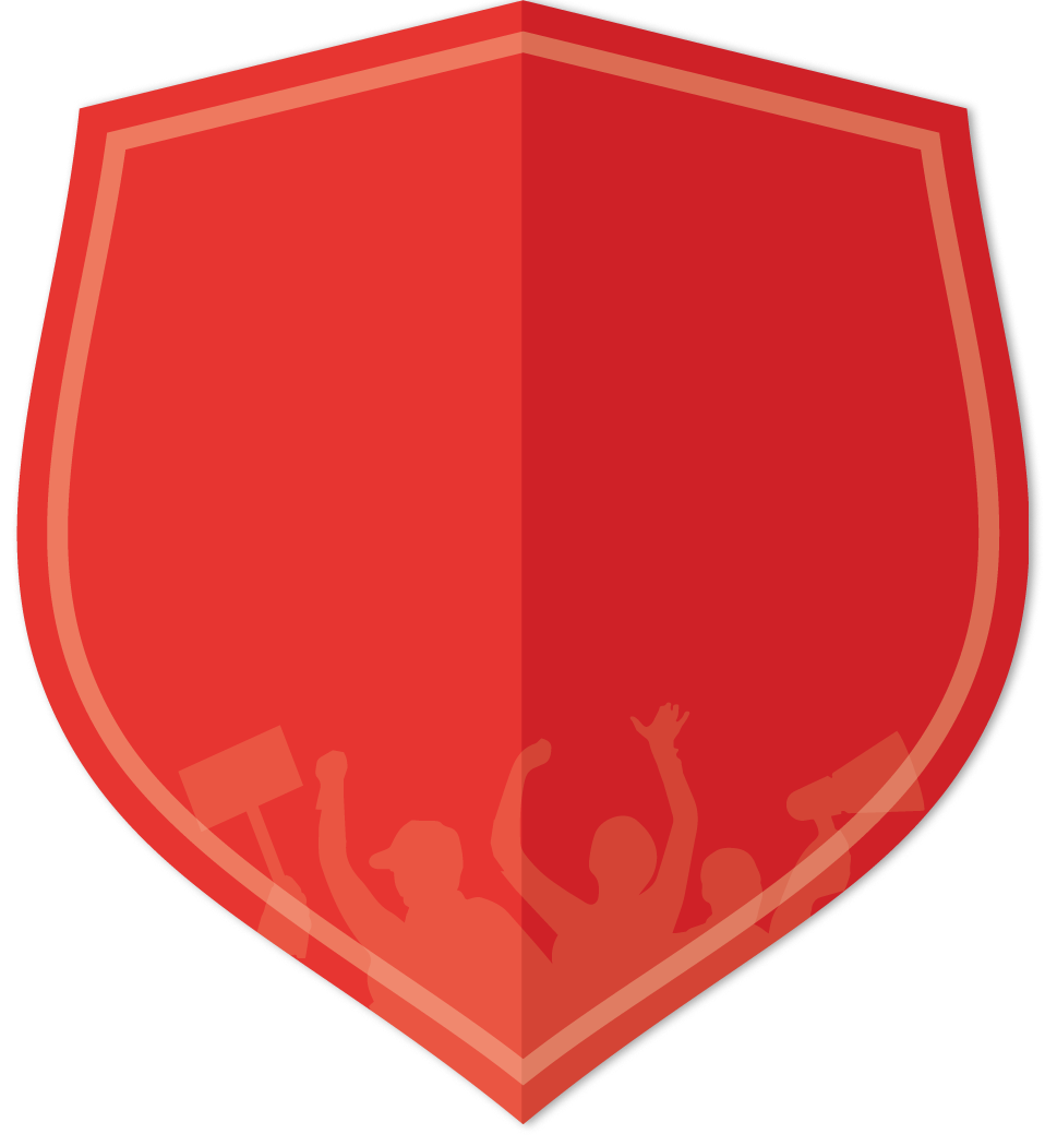 A red shield with the words Defend Our NDIS in capital letters. There are outlines of people on the shield who are at an event with their hands up in solidarity.