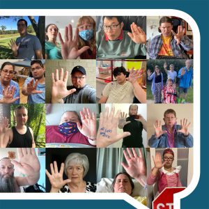 Collage of photos showing people with disability and families and supporters holding the palm of their hand out toward the camera to signal 'stop'.