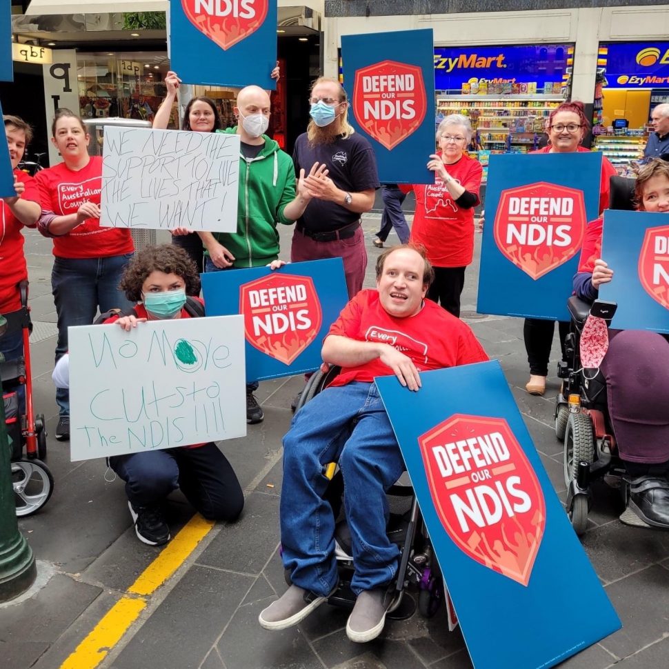 Self advocates and supporters rallying in the streets of Melbourne.