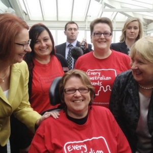 Photo from 2012 showing Labor leaders Julia Gillard and Jenny Macklin smiling with Every Australian Counts supporters Lynne Foreman, Kylie Fisher and Jacqui Pierce.