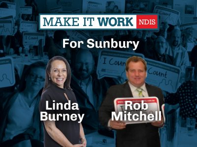 Photos of Linda Burney and Rob Mitchell superimposed over a photo of a crowd of EAC supporters holding up "I Count" signs. They have a dark teal wash over them. It reads Make it Work NDIS for Sunbury. Lind Burney Rob Mitchell
