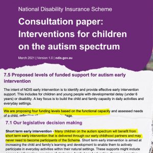 Screenshots of the NDIS consultation paper on early intervention changes for Autistic children