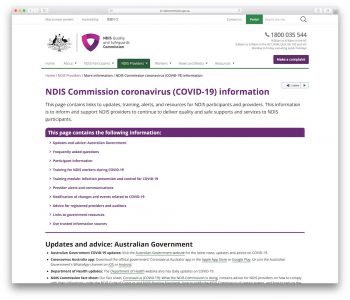 Screenshot of the Coronavirus page on the NDIS Quality and Safeguards Commission website