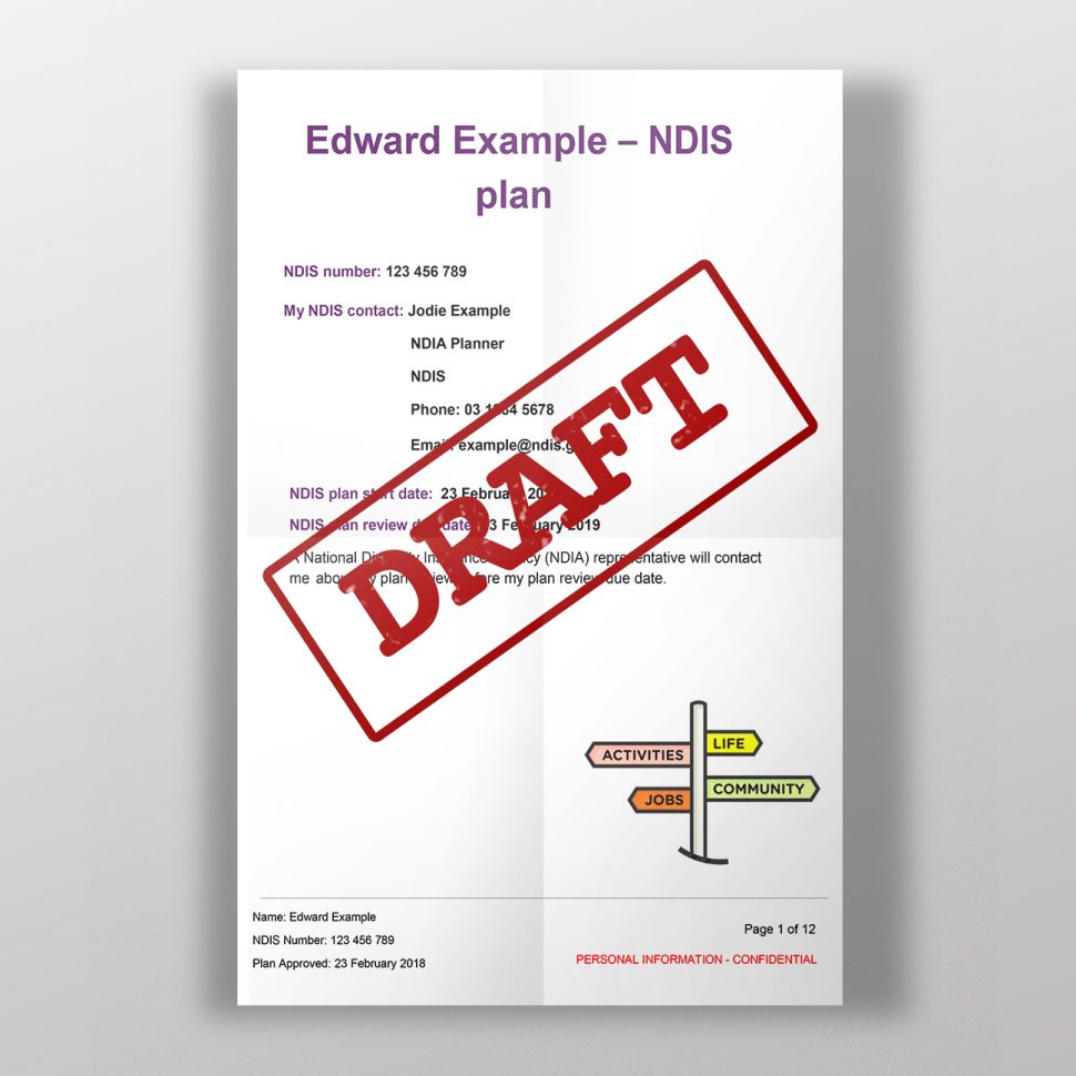 Mockup of an example plan with a giant red "draft" stamp on it.