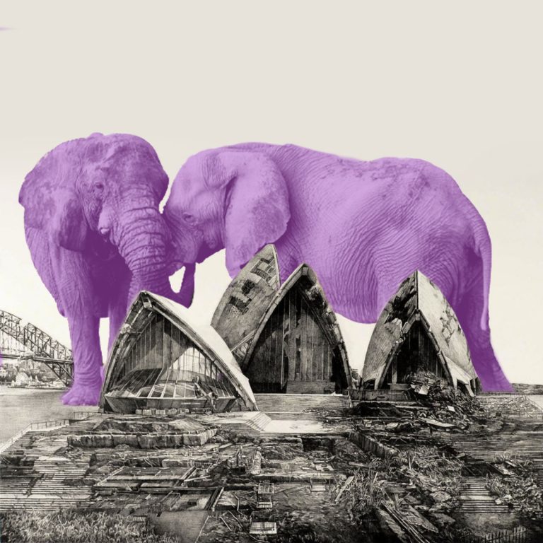 Two giant purple elephants in Sydney Harbour behind the Opera House which is in ruins