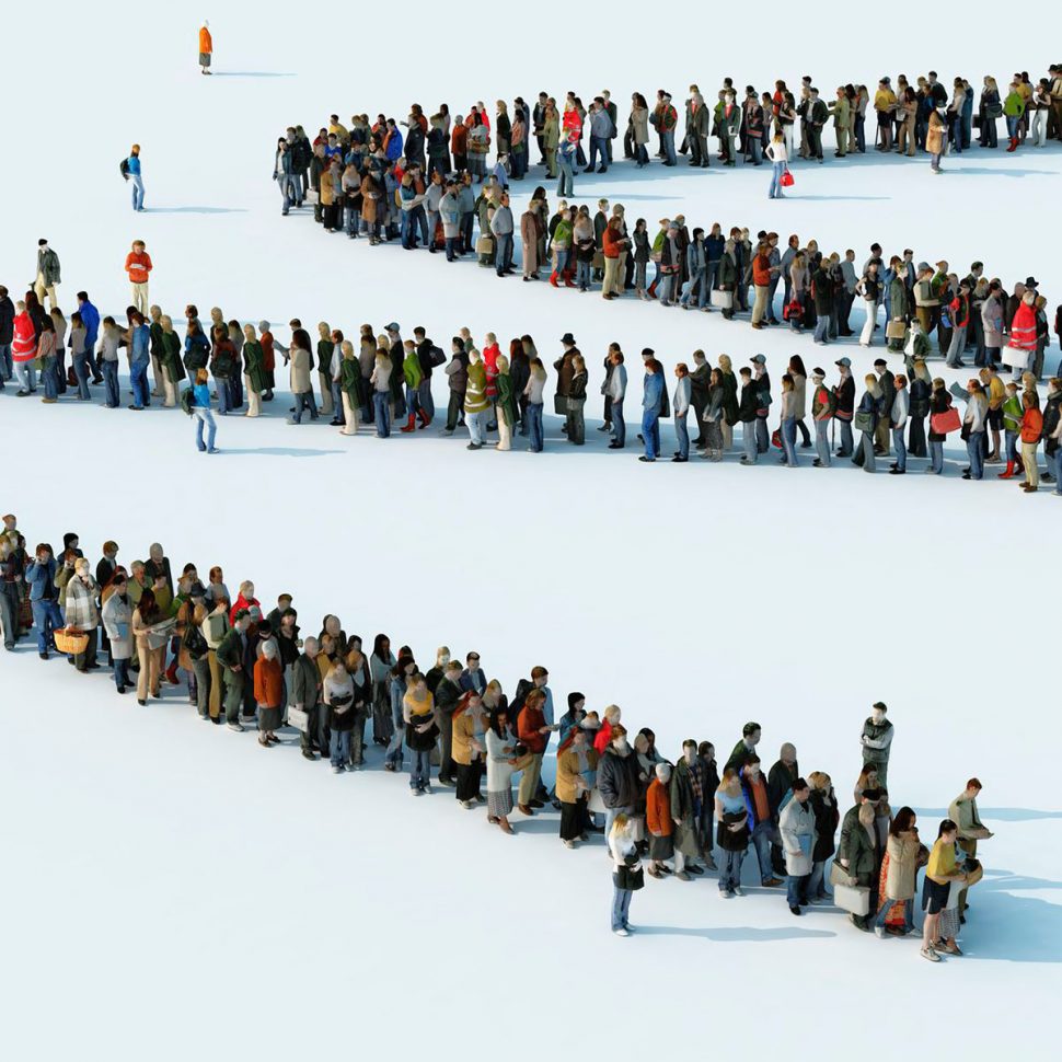 A computer generated illustration showing an enormous line of people queuing in a zigzag as if photographed from a drone or tall building.