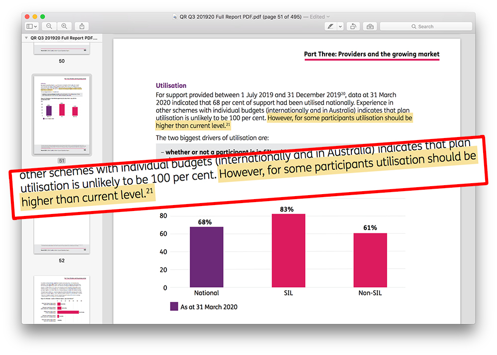 Screenshot of a PDF viewer looking at page 61 of the NDIS Quarterly Report. One sentence is highlighted and magnified - it reads " However, for some participants utilisation should be higher than the current level."
