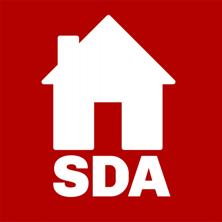 A white home on a red background. "SDA" is written underneath in white.