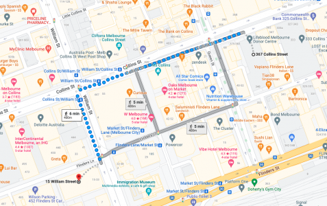 A map of the walking route between 367 Collins St. and 15 William St.