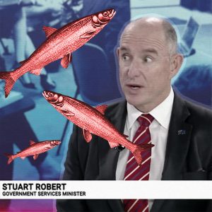 NDIS Minister Stuart Robert speaking on Sky News with his eyebrows raised. There are red herring fish floating around over the top. Text at the bottom reads "Stuart Robert Government Services Minister".