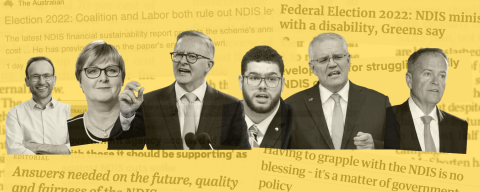 Collage of 6 politicians, 5 males and one female. Adam Bundt Greens, Linda Reynolds Liberal, Anthony Albanese Labor, Jordan Steele John Greens, Scott Morisson Liberal, Bill Shorten Labor. It is on a backdrop of a collage of newspaper articles on the NDIS, but they are covered in a yellow filter.