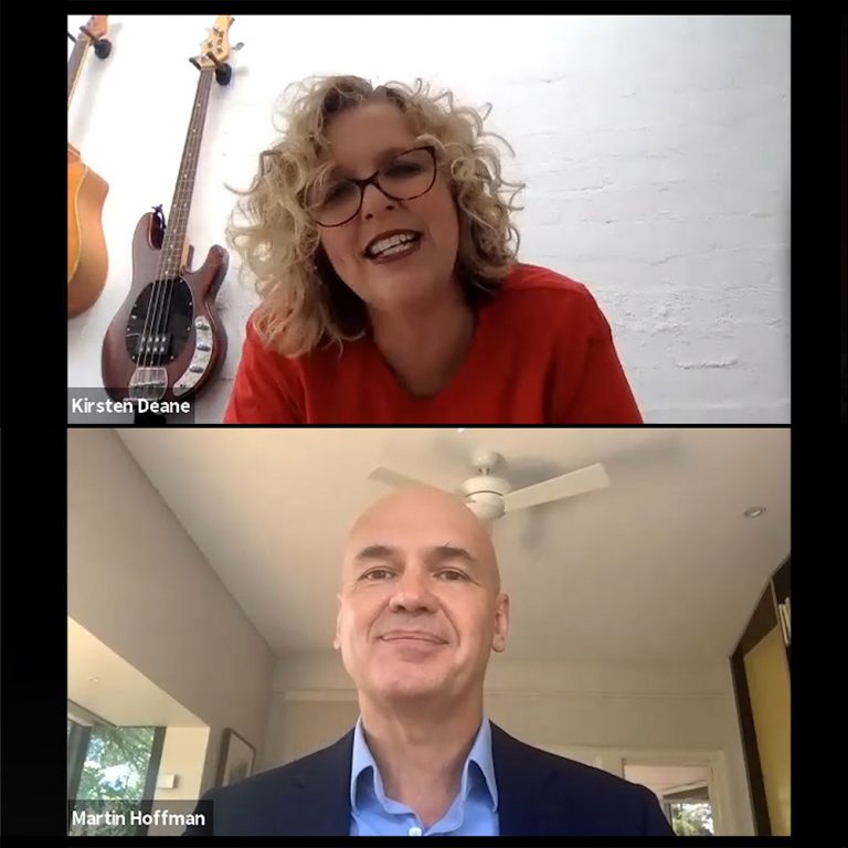 Screenshots from the Zoom interview showing EAC's Kirsten Deane listening at the top, and NDIA CEO Martin Hoffman speaking below.