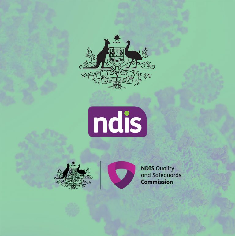 Commonwealth coat of arms, NDIS logo, and NDIS Quality and Safeguards Commission logo and coronaviruses
