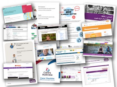 A spread of screenshots of many of the resources, like websites and fact sheets, listed on the NDIS resources page