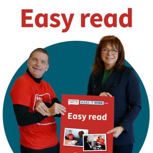 Easy read. An NDIS participant with disability and an MP holding a document with Easy Read and the EAC logo on the front.