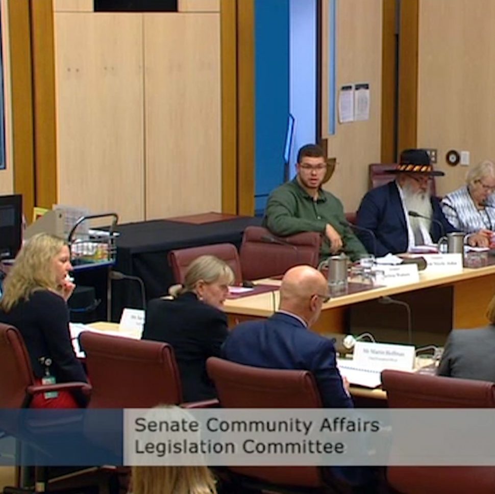 Screenshot from the Parliament House video footage showing two sides of a large square tabel setup. In the foreground we see NDIA staff and in the background is Senator Jordon Steele-John.