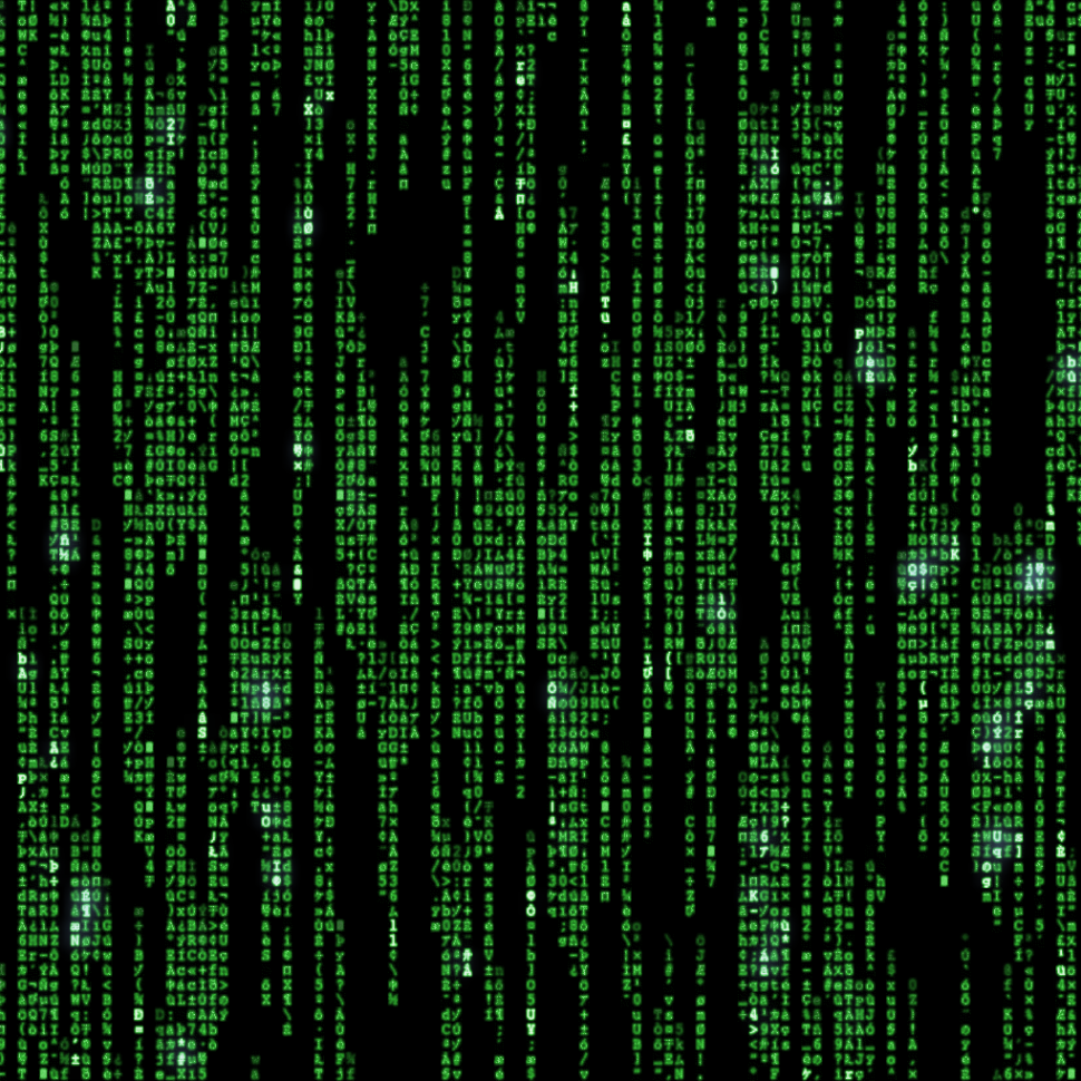 Black background with columns of green code raining down like from the movie The Matrix