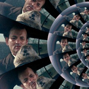 A still image from the movie Groundhog Day, showing Bill Murray in a car, holding the groundhog with a confused look on his face. the image is distorted and repeats almost infinitely to the right, getting smaller and smaller.