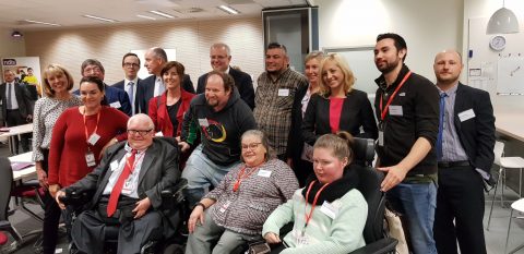 People with disability, families and advocates from CID and Inclusion Australia pose for a photo with Prime Minister Scott Morrison, Minister for the NDIS Stuart Robert, local MP Melissa McIntosh, NDIA CEO Vicky Rundle, and more.