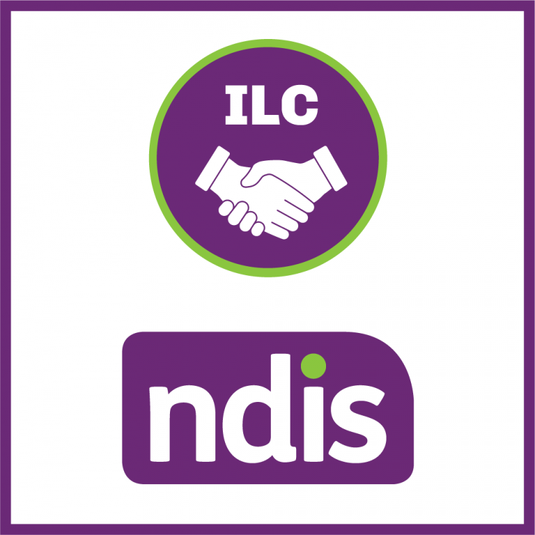 A picture of the ILC logo. It is a purple circle with the letters ILC in white. An illustration of two hands shaking in white sit underneath the letters. The NDIS logo sits below the ILC logo. It is a purple rectangle with the letters NDIS in white. There is a purple border around the two logos.