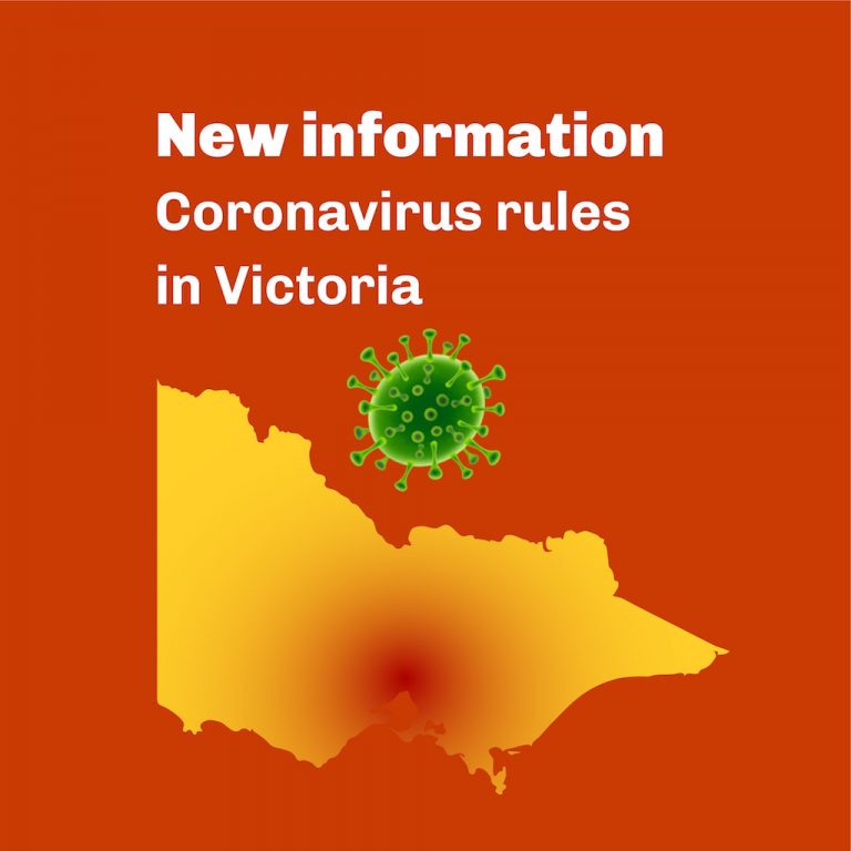 New information. Coronavirus rules in Victoria. Virus emoji. Map of Victoria with Melbourne in red.