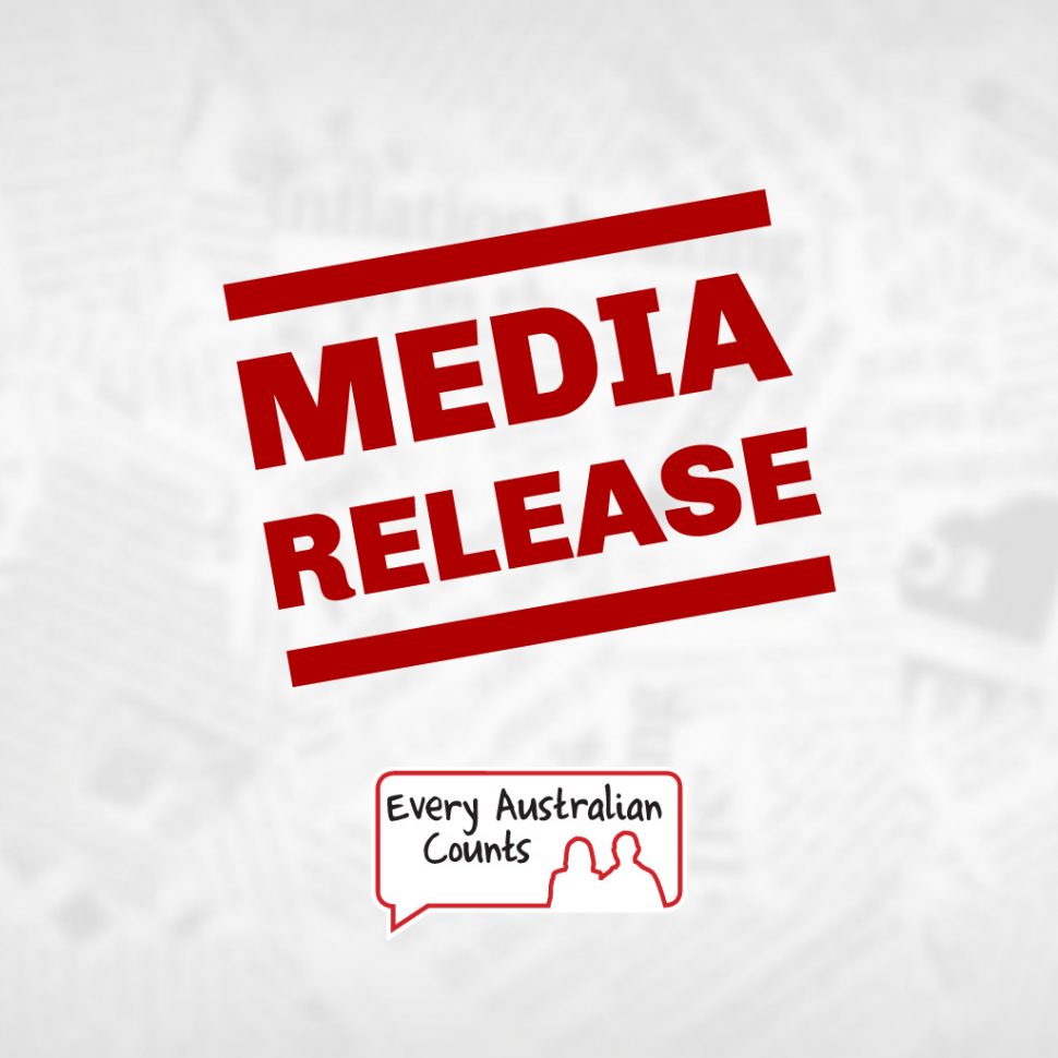 Media release stamped over blurry background of newspaper pages, with the Every Australian Counts logo at the bottom