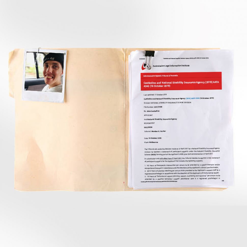A manilla folder with a polaroid photo of Jake smiling in a car, and a copy of his AAT case
