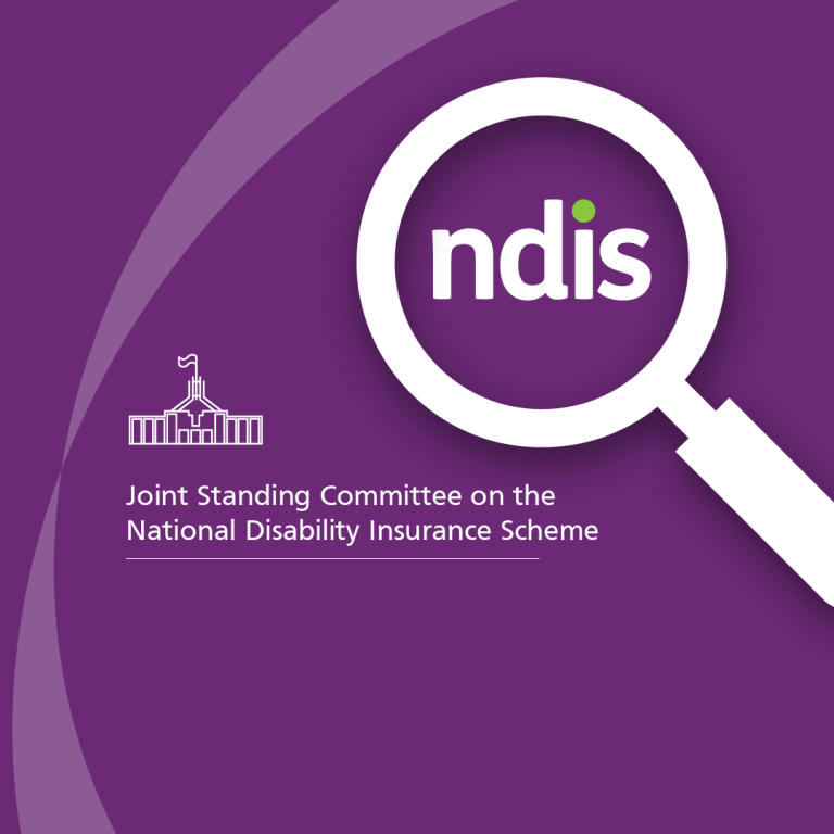 Purple square. A white magnifying glass looks at the NDIS logo. A small illustration of parliament house appears over the words Joint Standing Committee on the National Disability Insurance Scheme