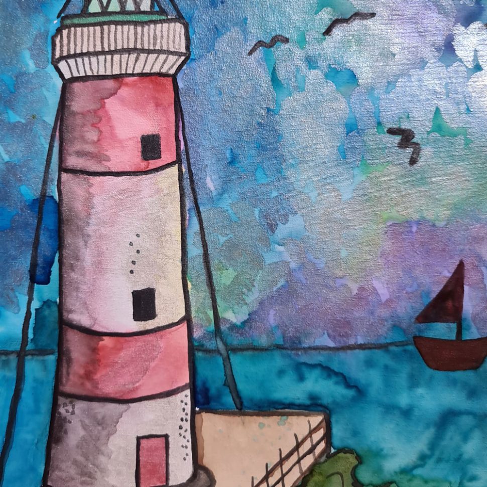 A watercolour painting of a lighthouse and birds and a boat in the distance. The colours are vibrant and clouds are a bit metallic.