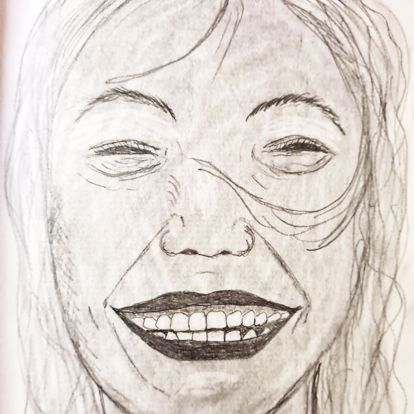 Blck and white drawing close up of a smiling woman's face