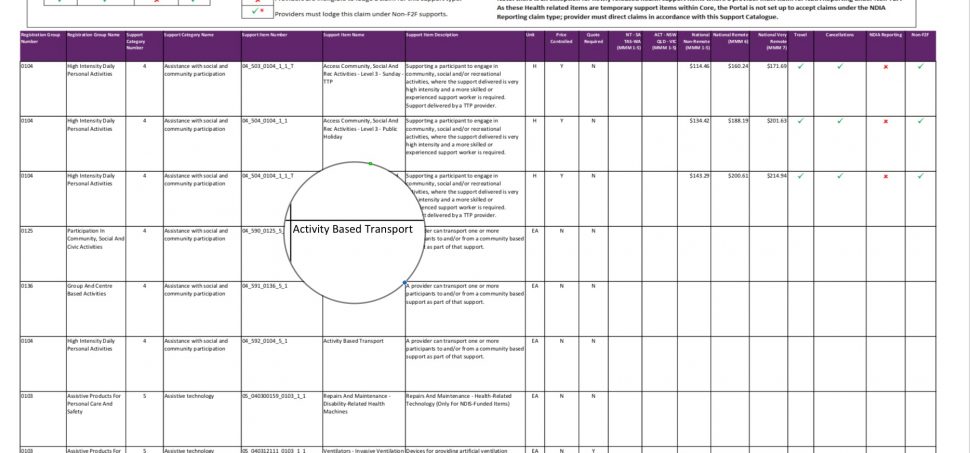 A screenshot of page 41 of the March 2020 NDIS support catalogue aka price guide. It has a fake loupe over the top, with the words "Activity Based Transport" magnified.