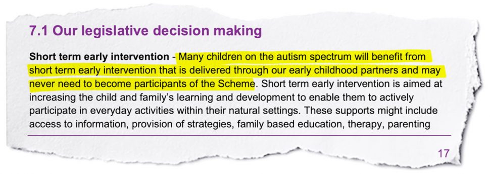 Screenshot from the bottom of page 17 of the consultation paper. Highlighted text reads "Many children on the autism spectrum will benefit from short term early intervention that is delivered through our early childhood partners and may never need to become participants of the Scheme"