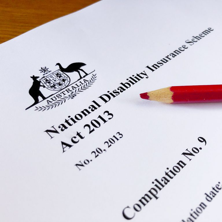 Close up photo of a print out of the NDIS Act. There is a red pencil on top of it.