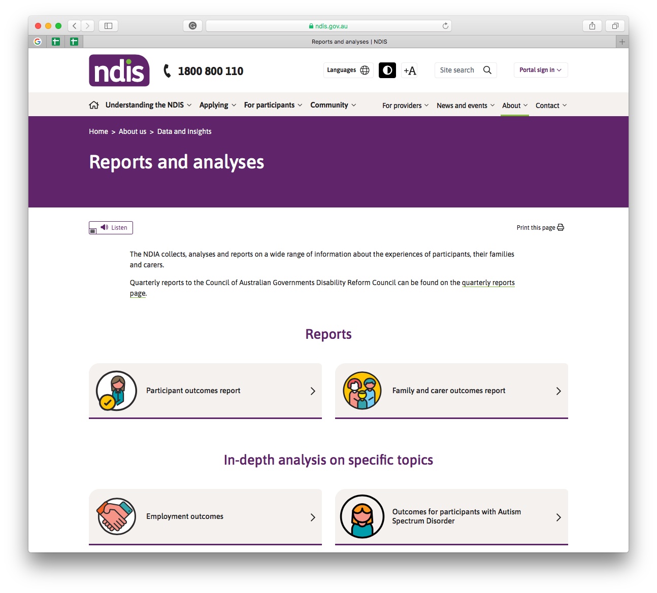 Screenshot of the Reports and analyses section within the Data and insights section on the NDIS website. There are four links: Participant outcomes report, Family and carers outcomes report, Employment Outcomes, and Outcomes for participants with Autism Spectrum Disorder. 
