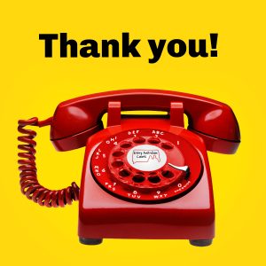 Thank you! in big black text, and a red rotary telephone