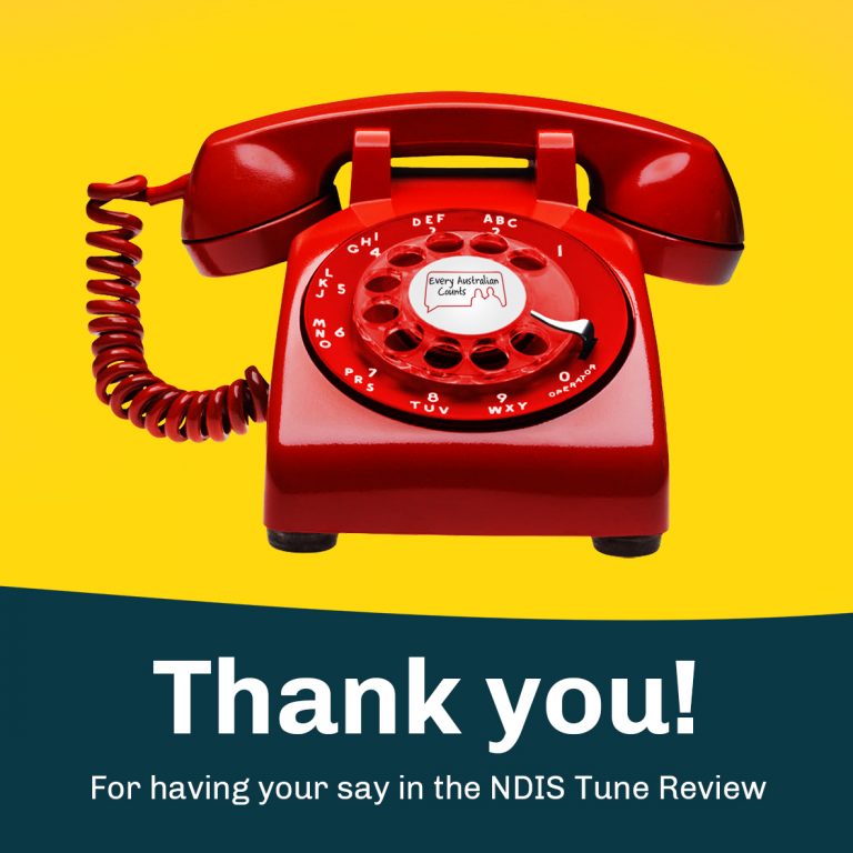 Red phone on yellow background. Text reads "Thank you! For having your say in the NDIS Tune Review