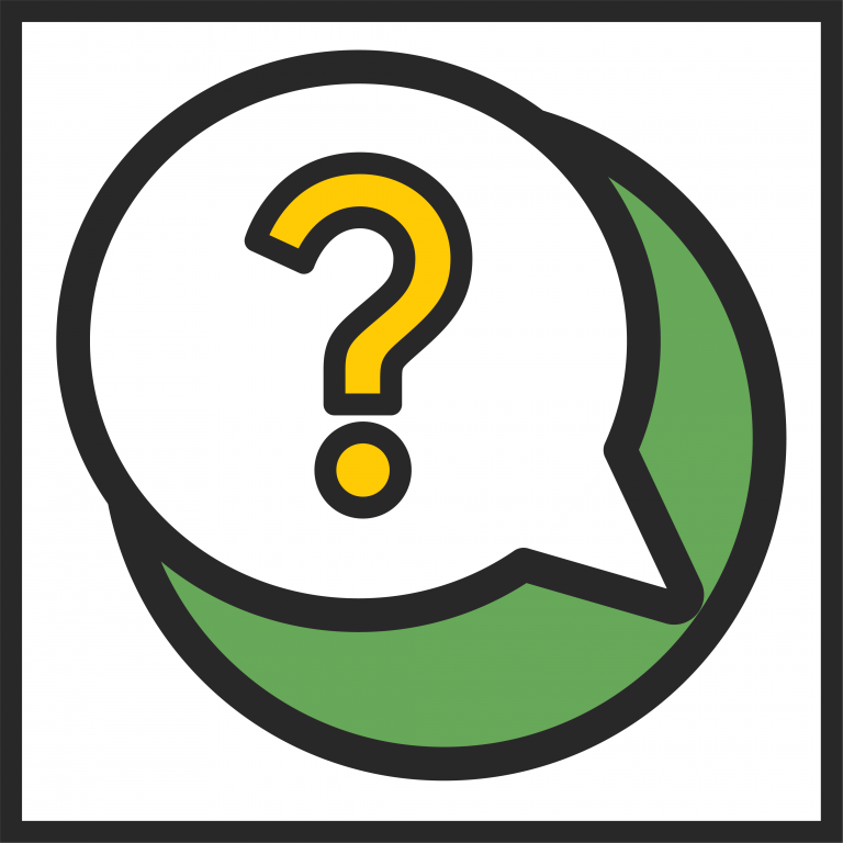 A yellow question mark inside a speech bubble, over a green circle.