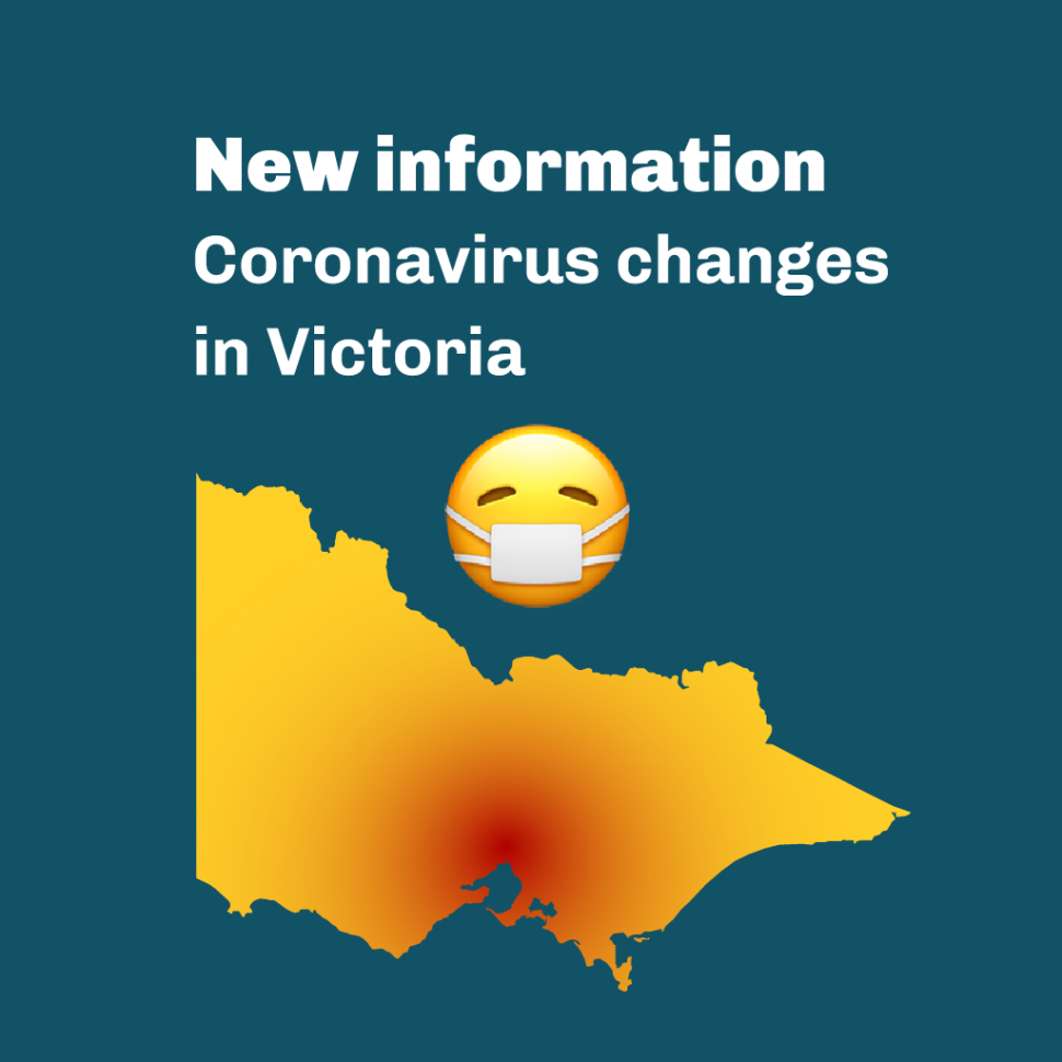 New information. Coronavirus changes in Victoria. Mask face emoji. Map of Victoria with Melbourne in red.