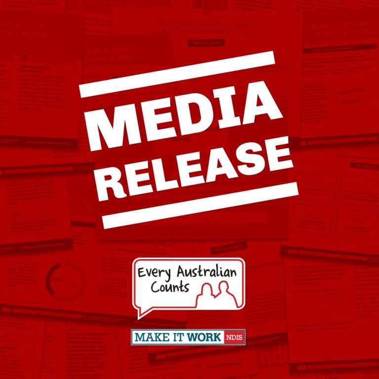 Media release. Every Australian Counts NDIS Make it work. over a red background with barely visible report pages behind it.