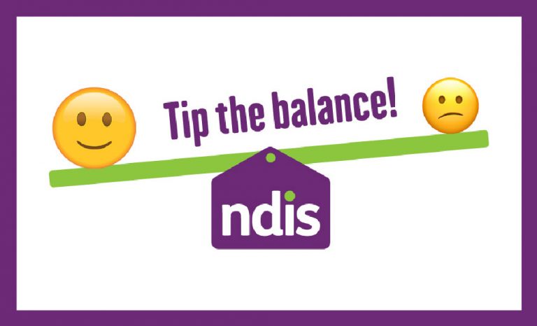 Tipping the balance logo showing a smiley emoji and a sad emoji on scales with the NDIS logo underneath